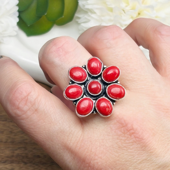 Southwest Jewelry - Red Coral Ring Size 9 Sterling Silver 925 Flower Cluster Vintage Southwest
